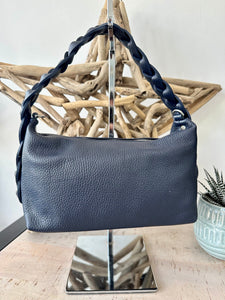 lusciousscarves Braided Handle Navy Italian Leather Handbag