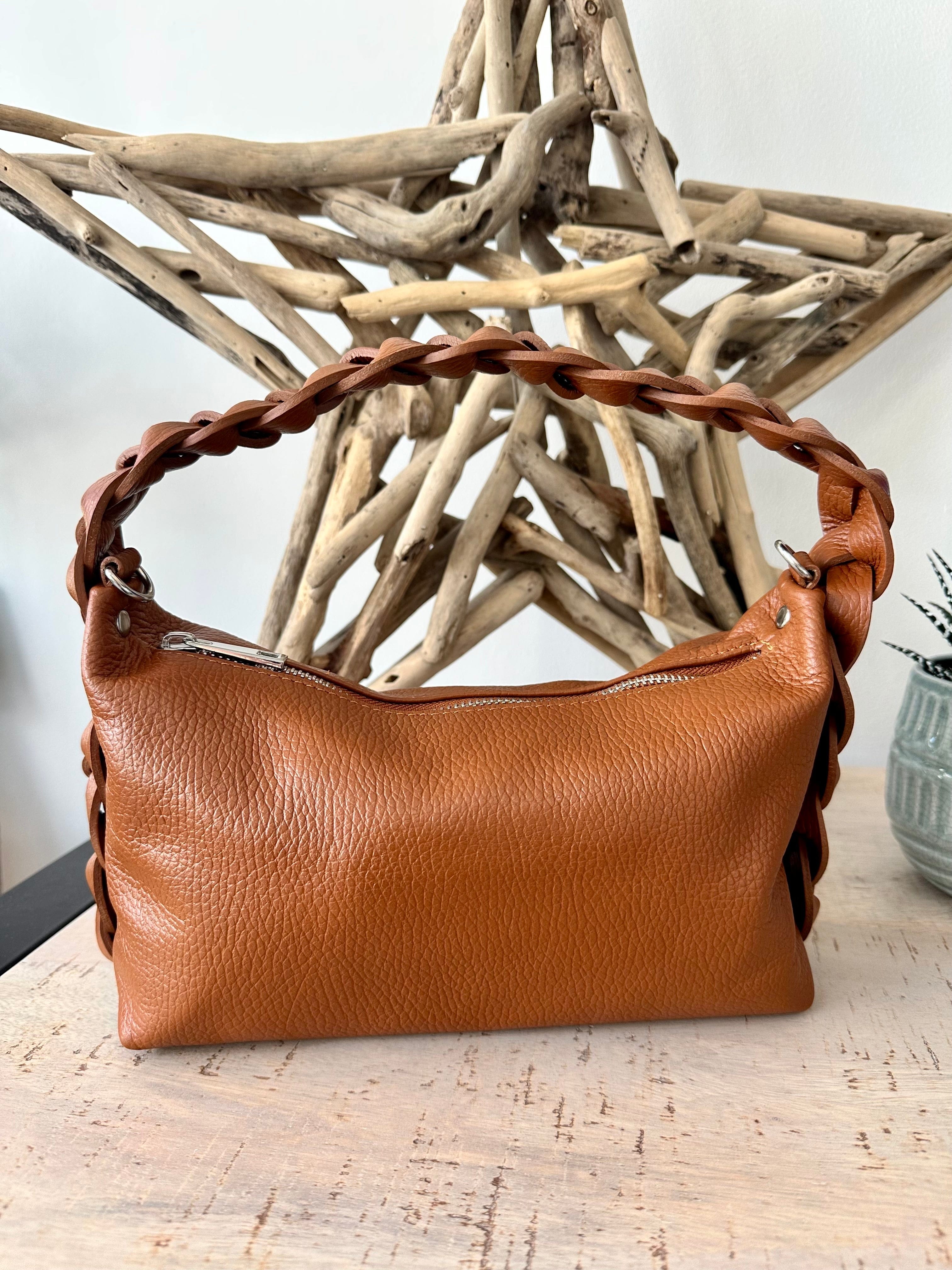 lusciousscarves Braided Handle Tan Brown Leather Handbag.