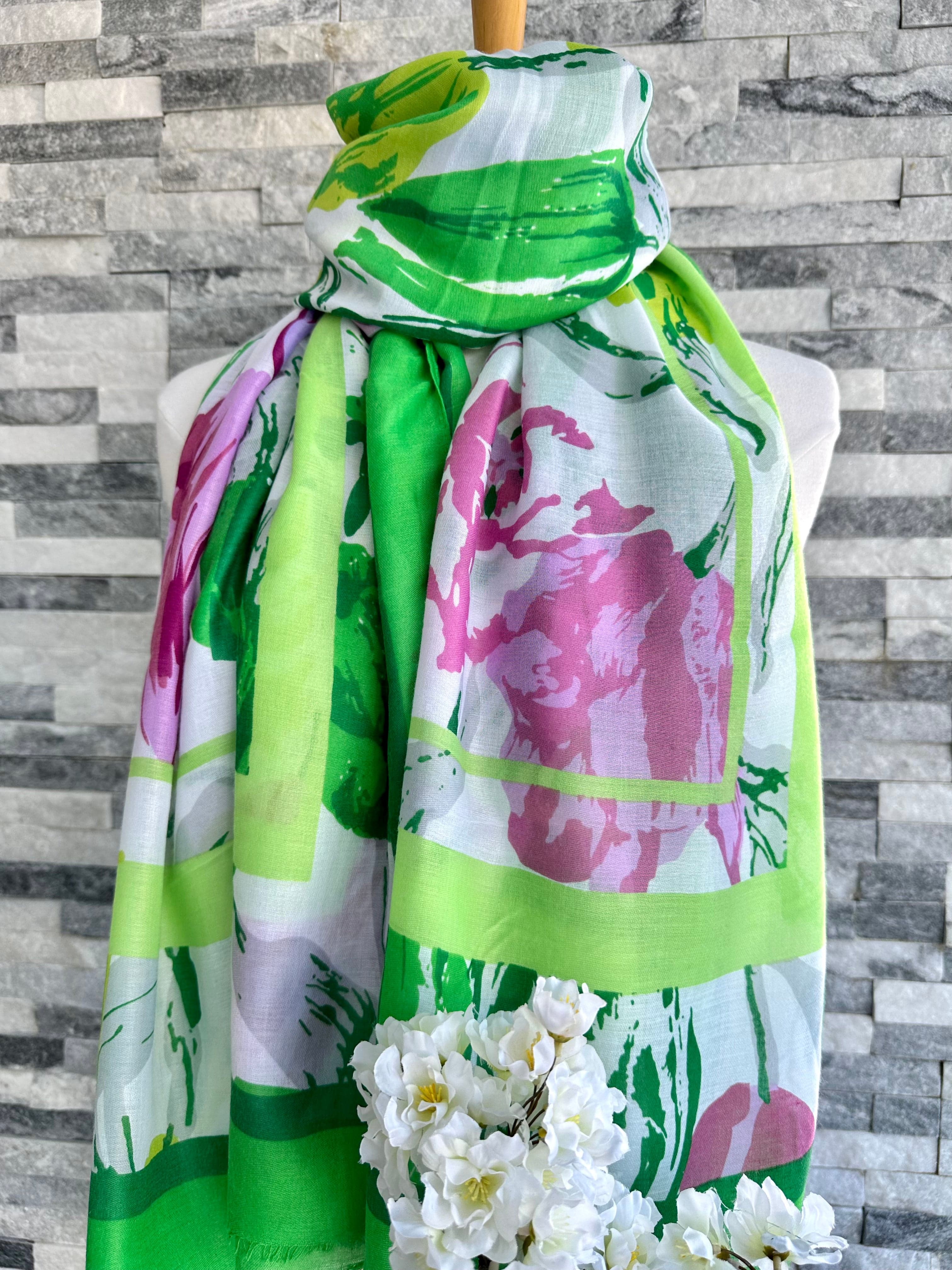 lusciousscarves Bright Green and Pink Tulip Bloom Scarf.