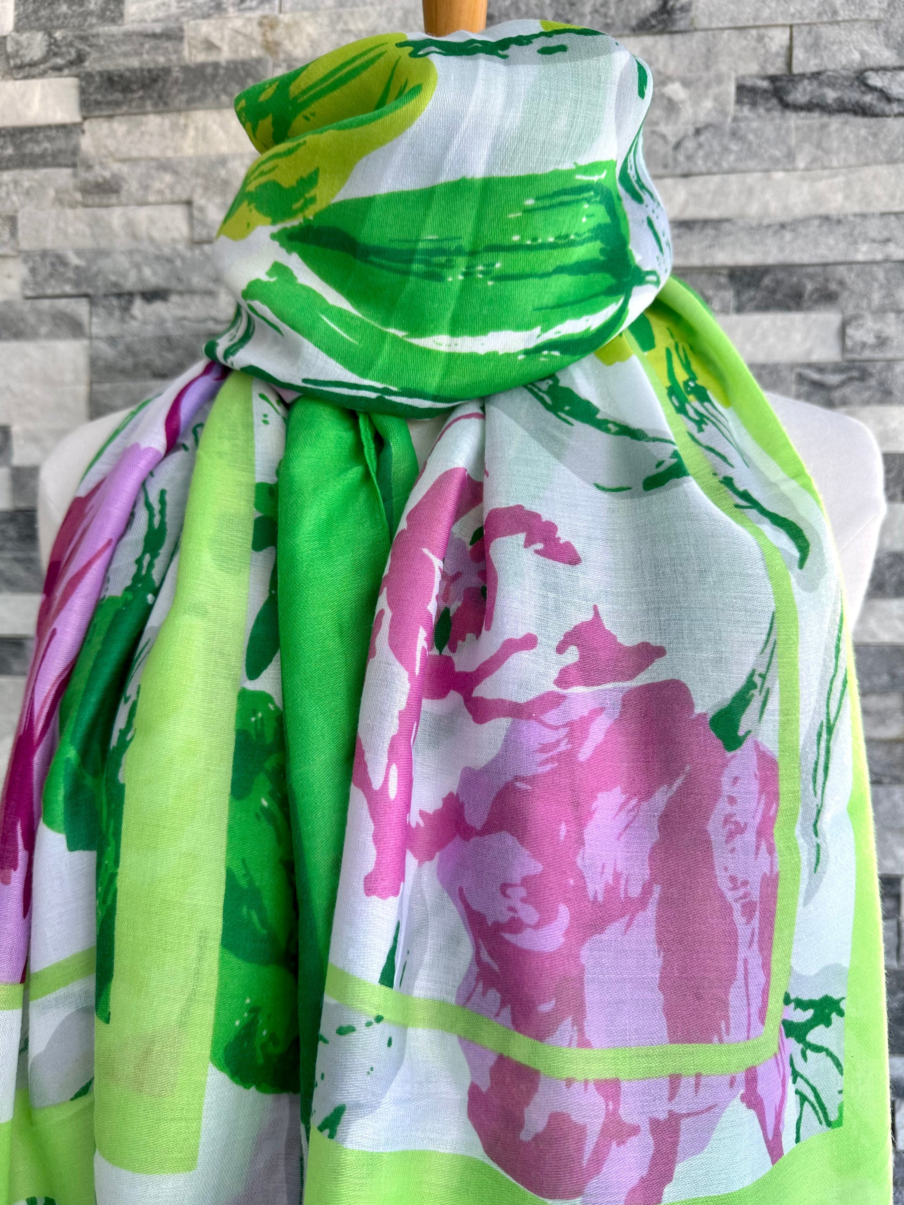lusciousscarves Bright Green and Pink Tulip Bloom Scarf.