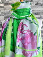 Load image into Gallery viewer, lusciousscarves Bright Green and Pink Tulip Bloom Scarf.
