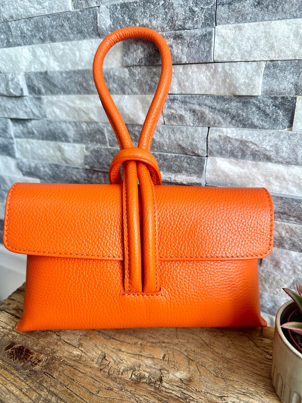lusciousscarves Bright Orange Italian Leather Clutch Bag , Evening Bag with Loop Handle