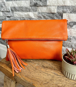 lusciousscarves Bright Orange Italian Leather Fold Over Clutch Bag with Tassel, Available in 17 Colours .