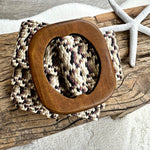 Load image into Gallery viewer, lusciousscarves Brown and Cream Stretchy Raffia/Straw Woven Summer Belt with a Wooden Buckle.
