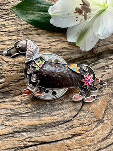 lusciousscarves Brown and Silver Dachshund Magnetic Brooch
