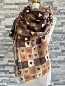 lusciousscarves Brown and Tan Reversible Hearts and Checks Design Scarf .