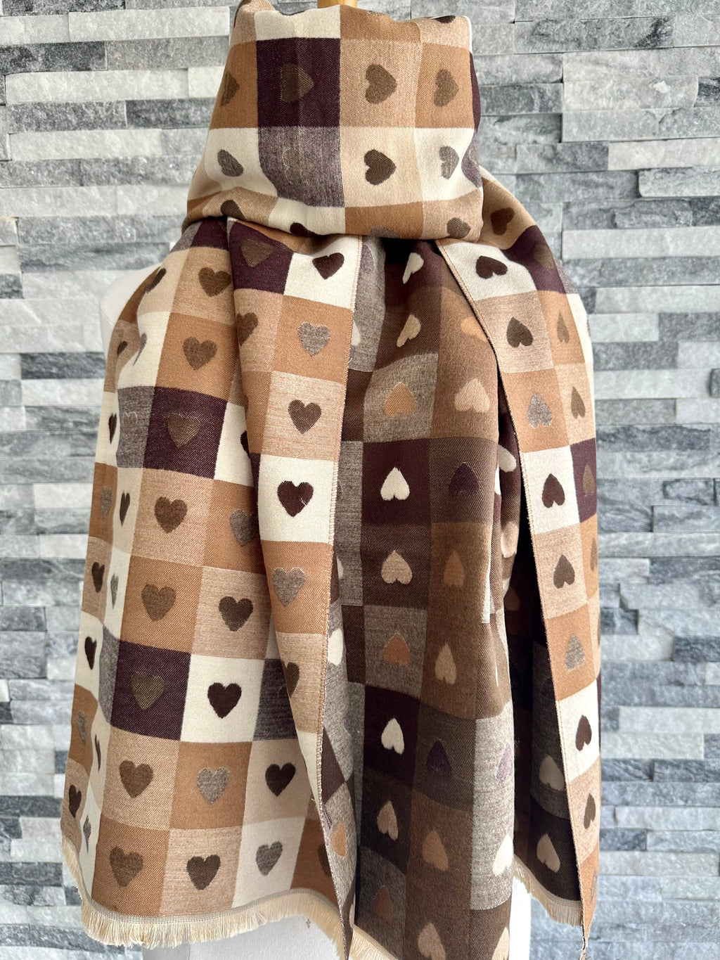 lusciousscarves Brown and Tan Reversible Hearts and Checks Design Scarf .