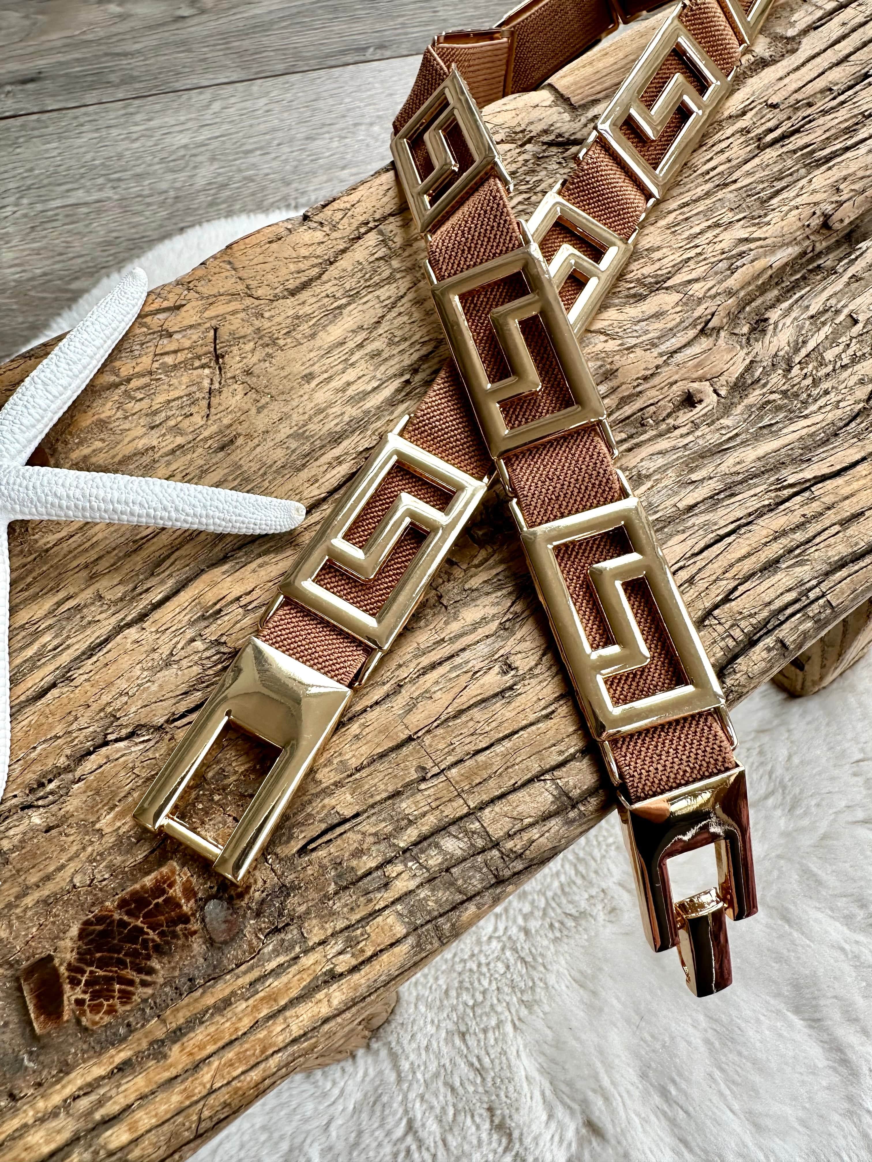 lusciousscarves Brown Slim Super Stretchy Geo Design Belt , Gold Hardware .