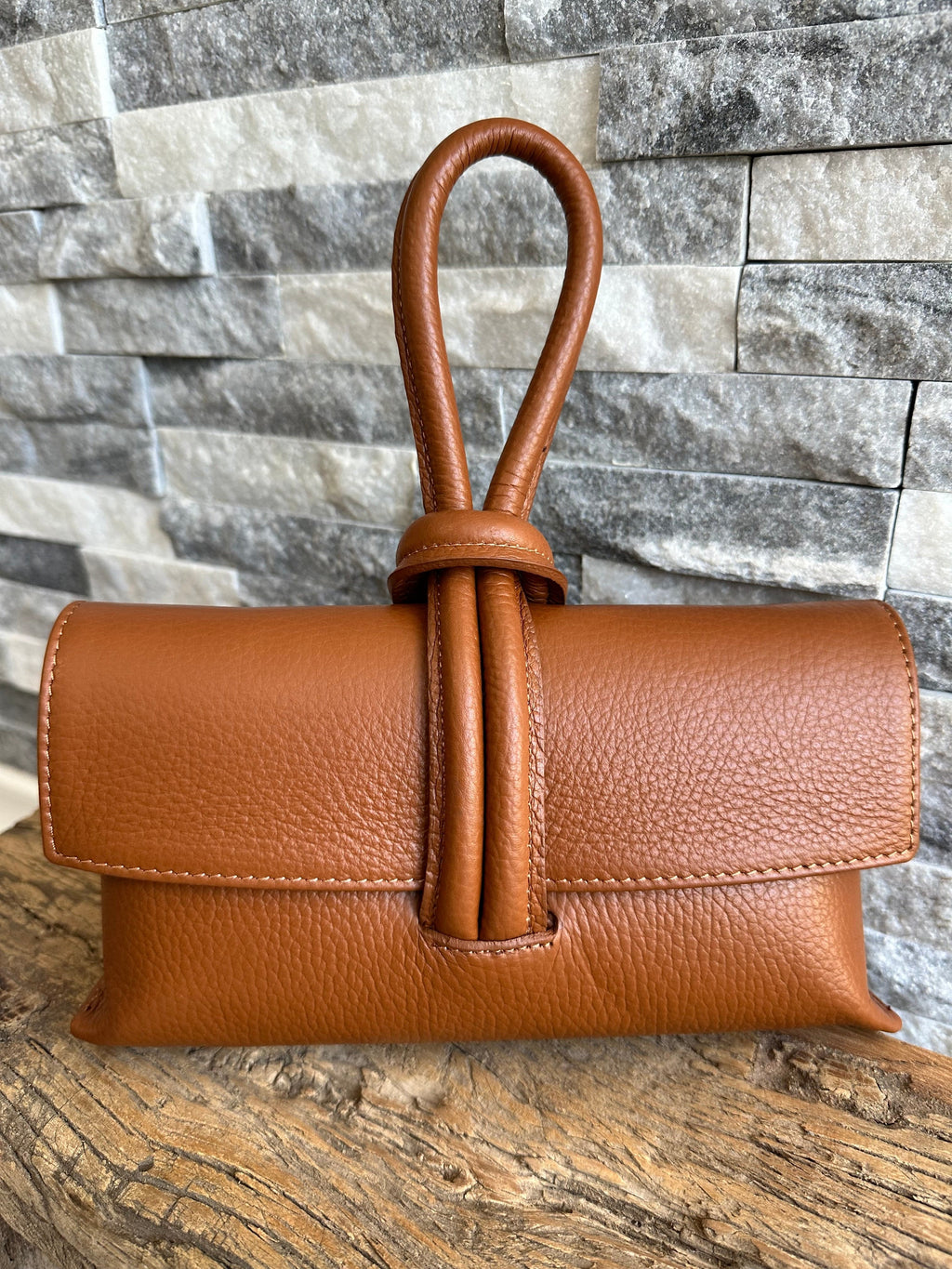 lusciousscarves Brown Tan Italian Leather Clutch Bag with Loop Handle.