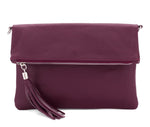 Load image into Gallery viewer, lusciousscarves Burgundy Italian Leather Fold Over Clutch Bag with Tassel, Available in 17 Colours .
