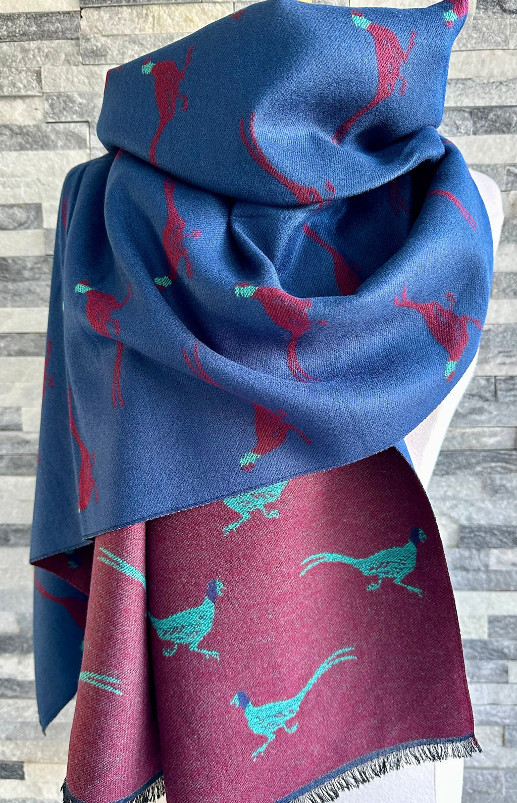 lusciousscarves Burgundy , Navy and Teal Reversible Scarf / Shawl With Pheasants Design