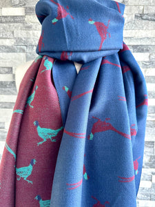lusciousscarves Burgundy , Navy and Teal Reversible Scarf / Shawl With Pheasants Design