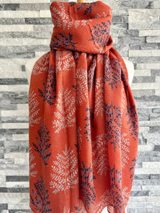 lusciousscarves Burnt Orange , Grey and Blue Autumnal Leaves Scarf.