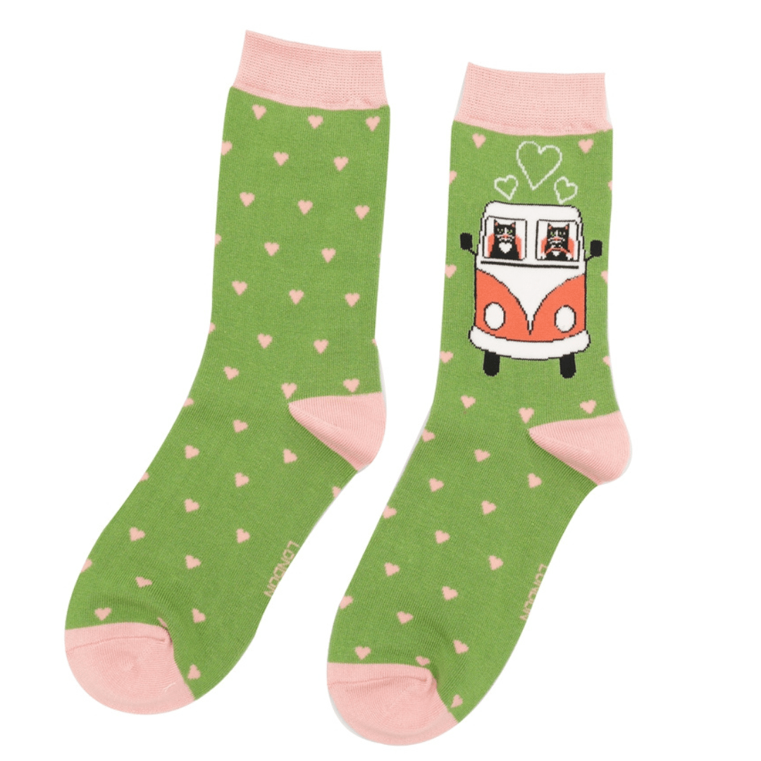 lusciousscarves Cats in Campervans Ladies Bamboo Socks, Miss Sparrow Green