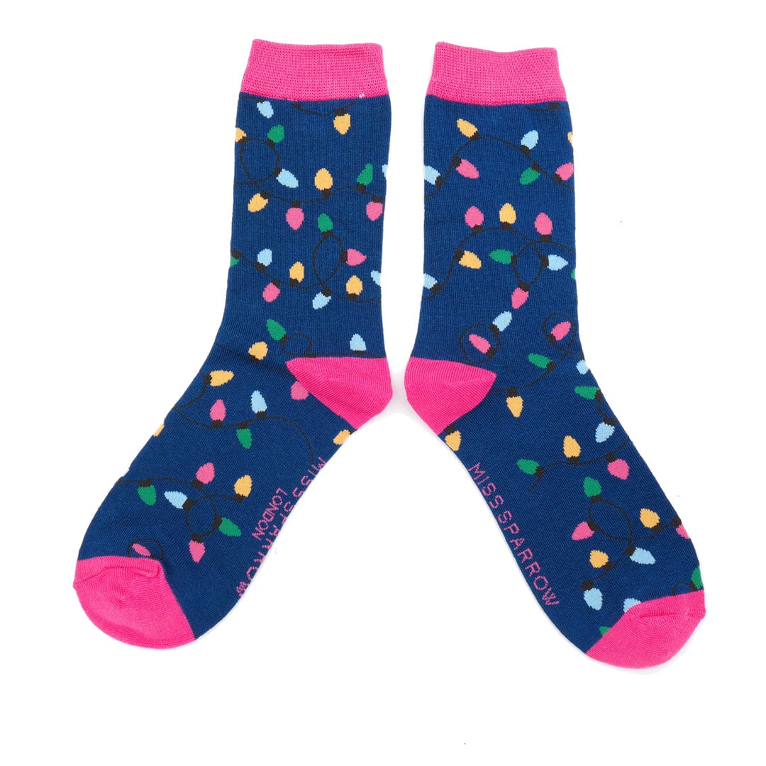 lusciousscarves Christmas Lights Design Ladies Bamboo Socks Navy