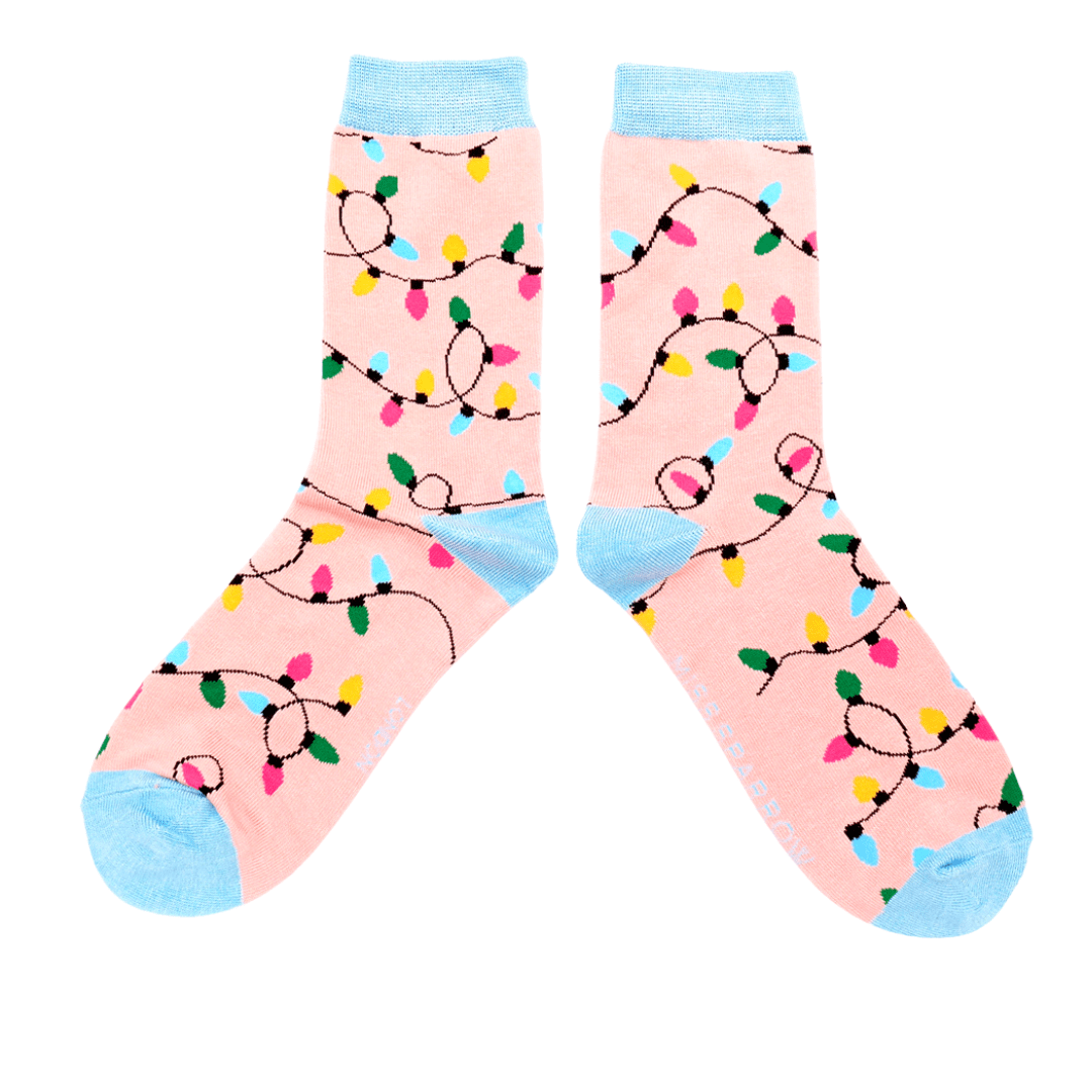 lusciousscarves Christmas Lights Design Ladies Bamboo Socks Pale Pink