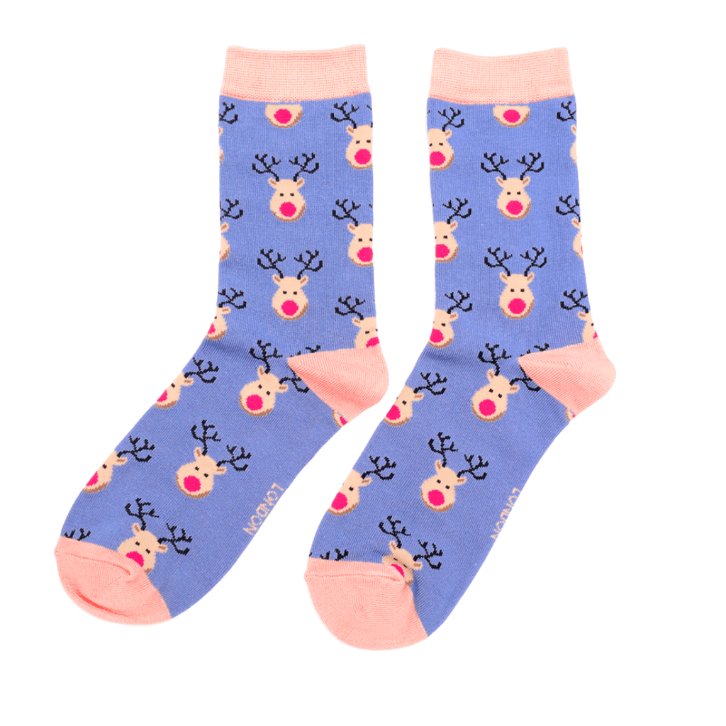 lusciousscarves Christmas Rudolph Design Ladies Bamboo Socks Blue
