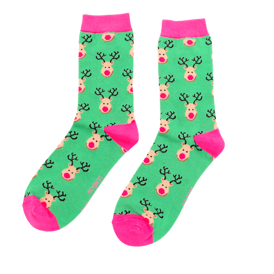 lusciousscarves Christmas Rudolph Design Ladies Bamboo Socks Green