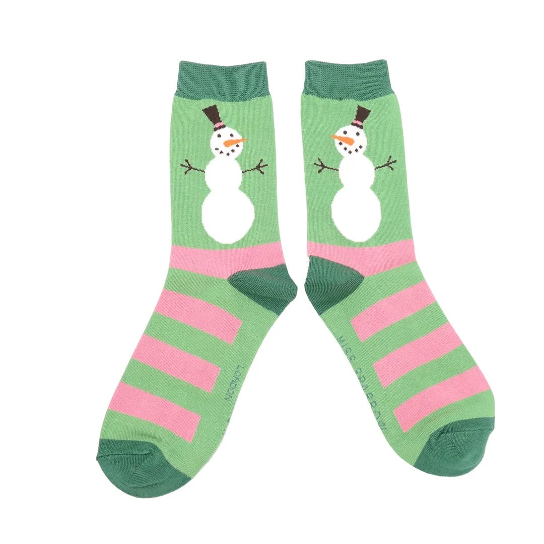 lusciousscarves Christmas Snowmen Design Bamboo Socks Ladies Miss Sparrow Green