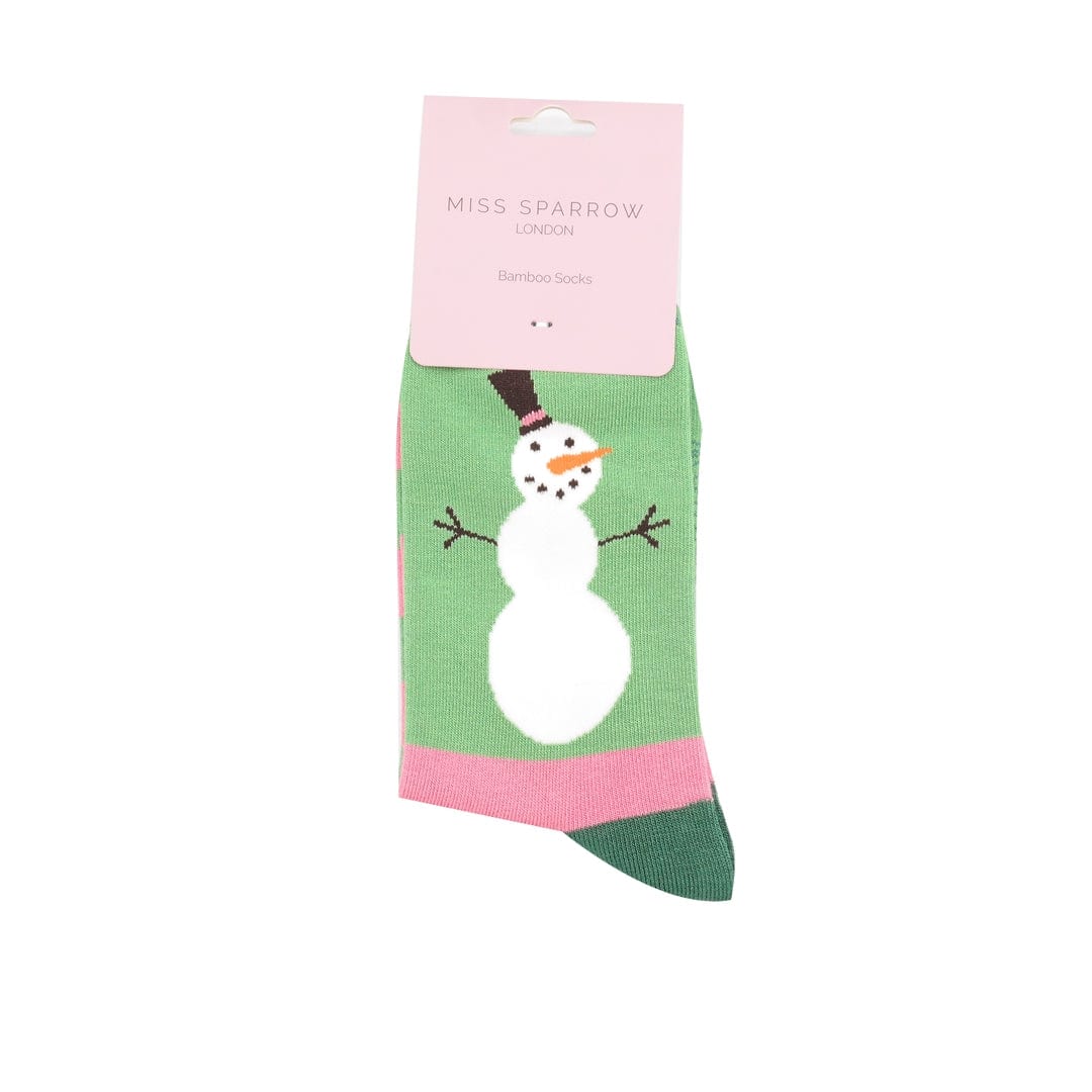 lusciousscarves Christmas Snowmen Design Bamboo Socks Ladies Miss Sparrow Green