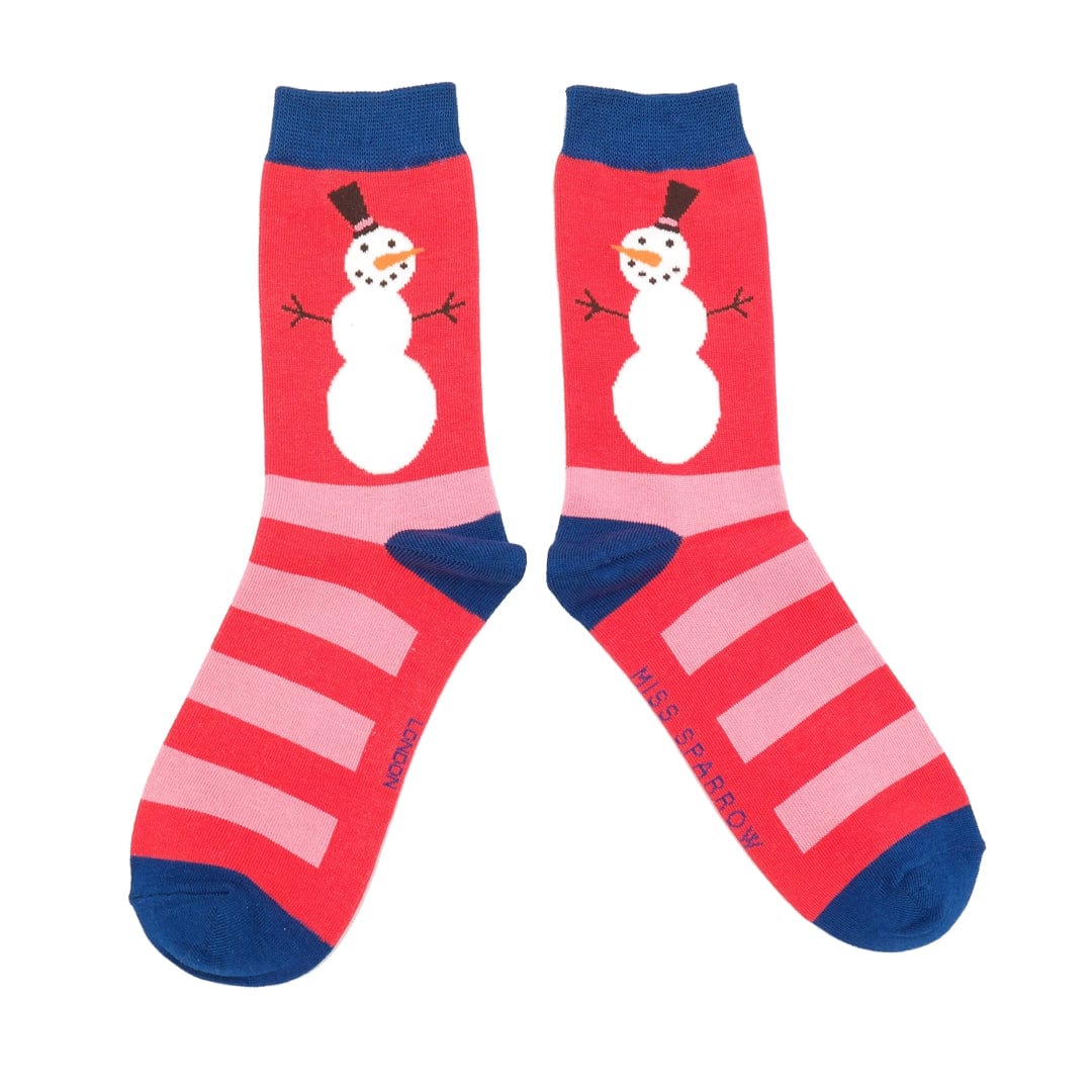 lusciousscarves Christmas Snowmen Design Bamboo Socks Ladies Miss Sparrow Red