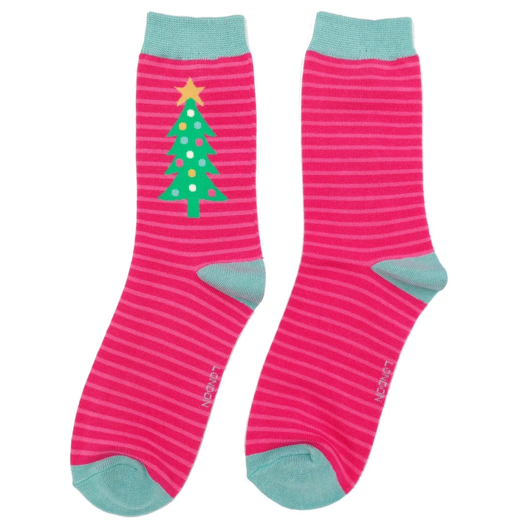 Christmas Tree Design Bamboo Socks Ladies Miss Sparrow Hot Pink