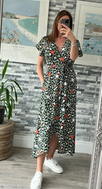 Load image into Gallery viewer, lusciousscarves Clothing Green / Orange Star and Leopard Wrap Dress
