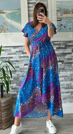 Load image into Gallery viewer, lusciousscarves Clothing Large Blue and Fuchsia Wavey Stars Design Wrap Dress
