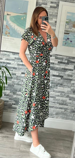 Load image into Gallery viewer, lusciousscarves Clothing Medium (12-14) Green / Orange Star and Leopard Wrap Dress

