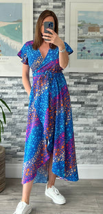 Load image into Gallery viewer, lusciousscarves Clothing Small Blue and Fuchsia Wavey Stars Design Wrap Dress

