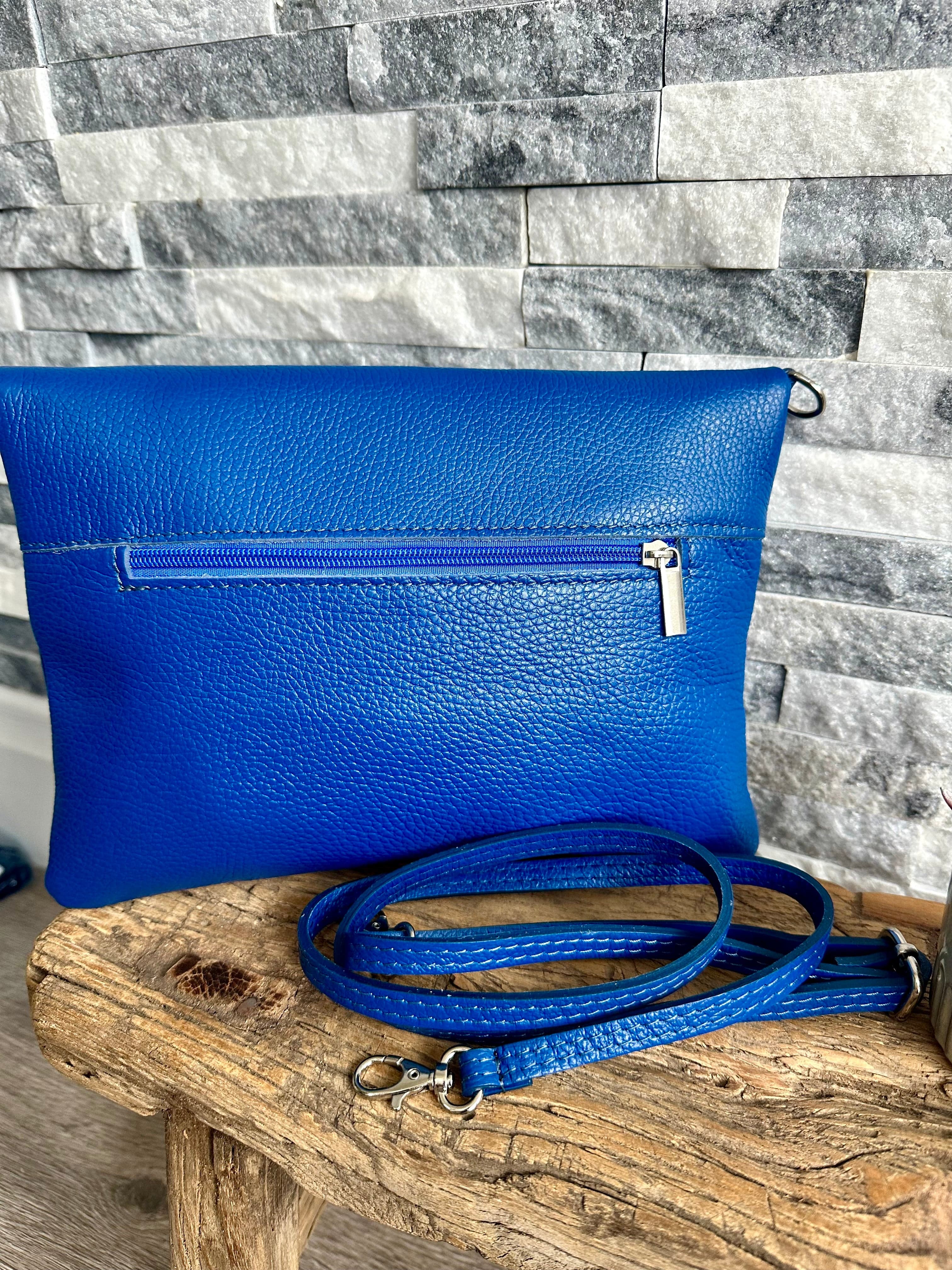 lusciousscarves Cobalt Blue Fold Over Italian Leather Clutch Bag