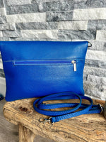 Load image into Gallery viewer, lusciousscarves Cobalt Blue Fold Over Italian Leather Clutch Bag
