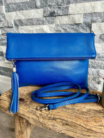 Load image into Gallery viewer, lusciousscarves Cobalt Blue Fold Over Italian Leather Clutch Bag
