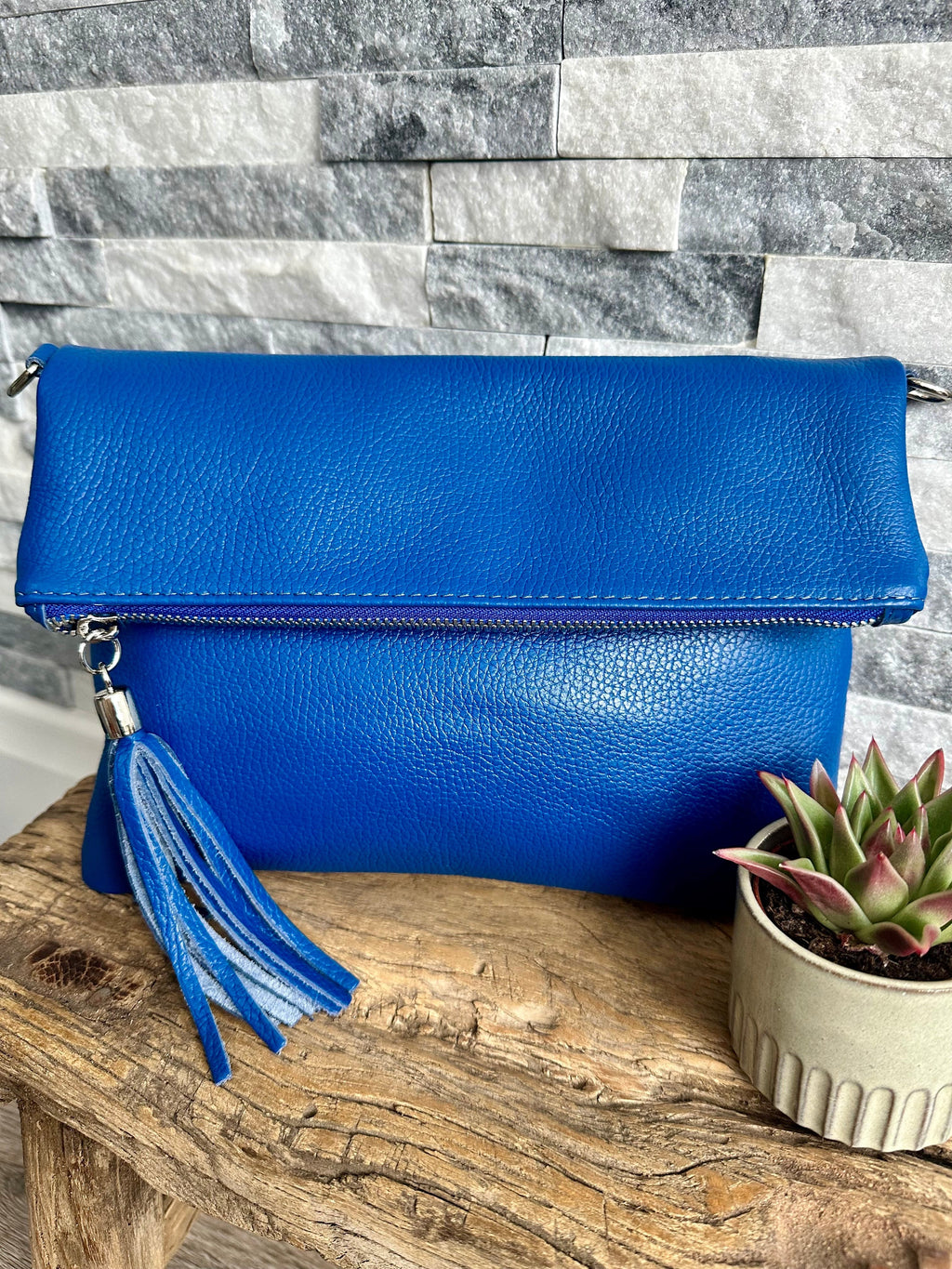 lusciousscarves Cobalt Blue Fold Over Italian Leather Clutch Bag