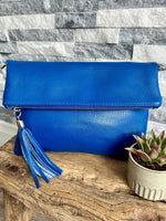 Load image into Gallery viewer, lusciousscarves Cobalt Blue Fold Over Italian Leather Clutch Bag

