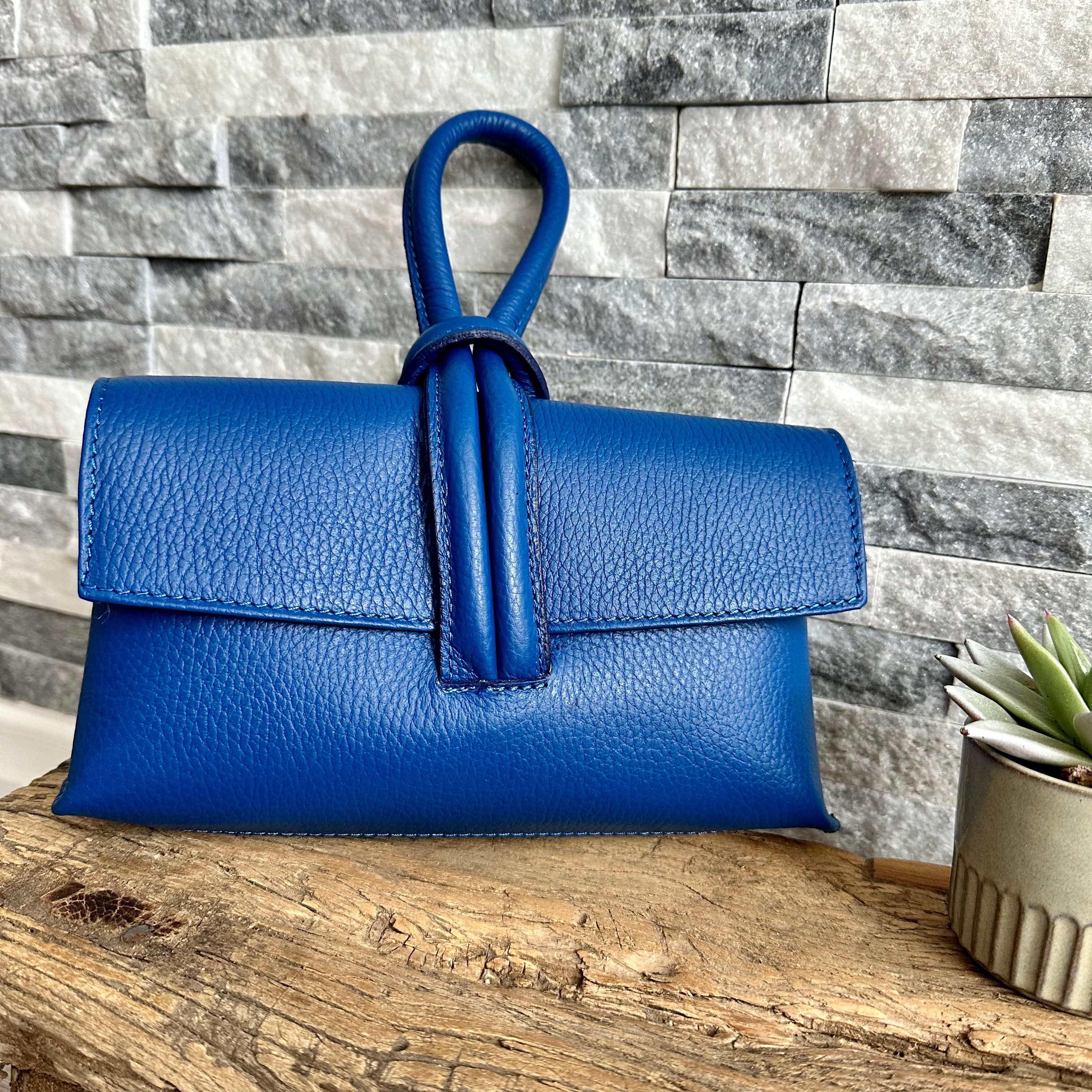 Cobalt Blue Italian Leather Clutch Bag Evening Bag with Loop Handle luscious scarves