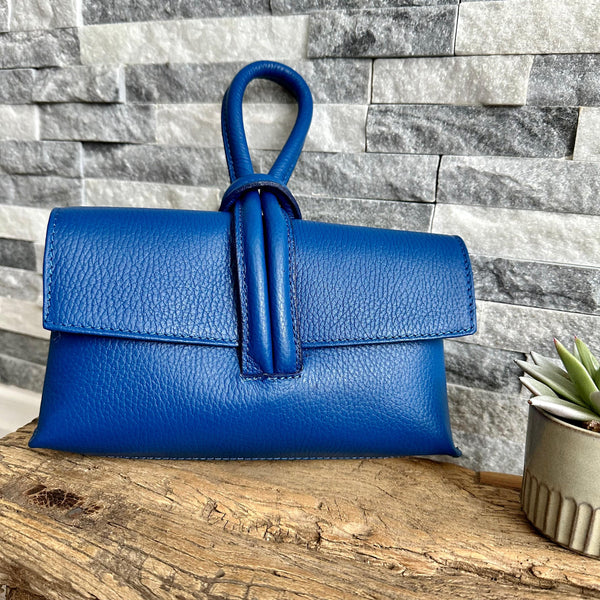 Cobalt Blue Italian Leather Clutch Bag Evening Bag with Loop