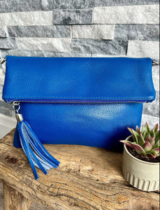 lusciousscarves Cobalt Blue Italian Leather Fold Over Clutch Bag with Tassel.