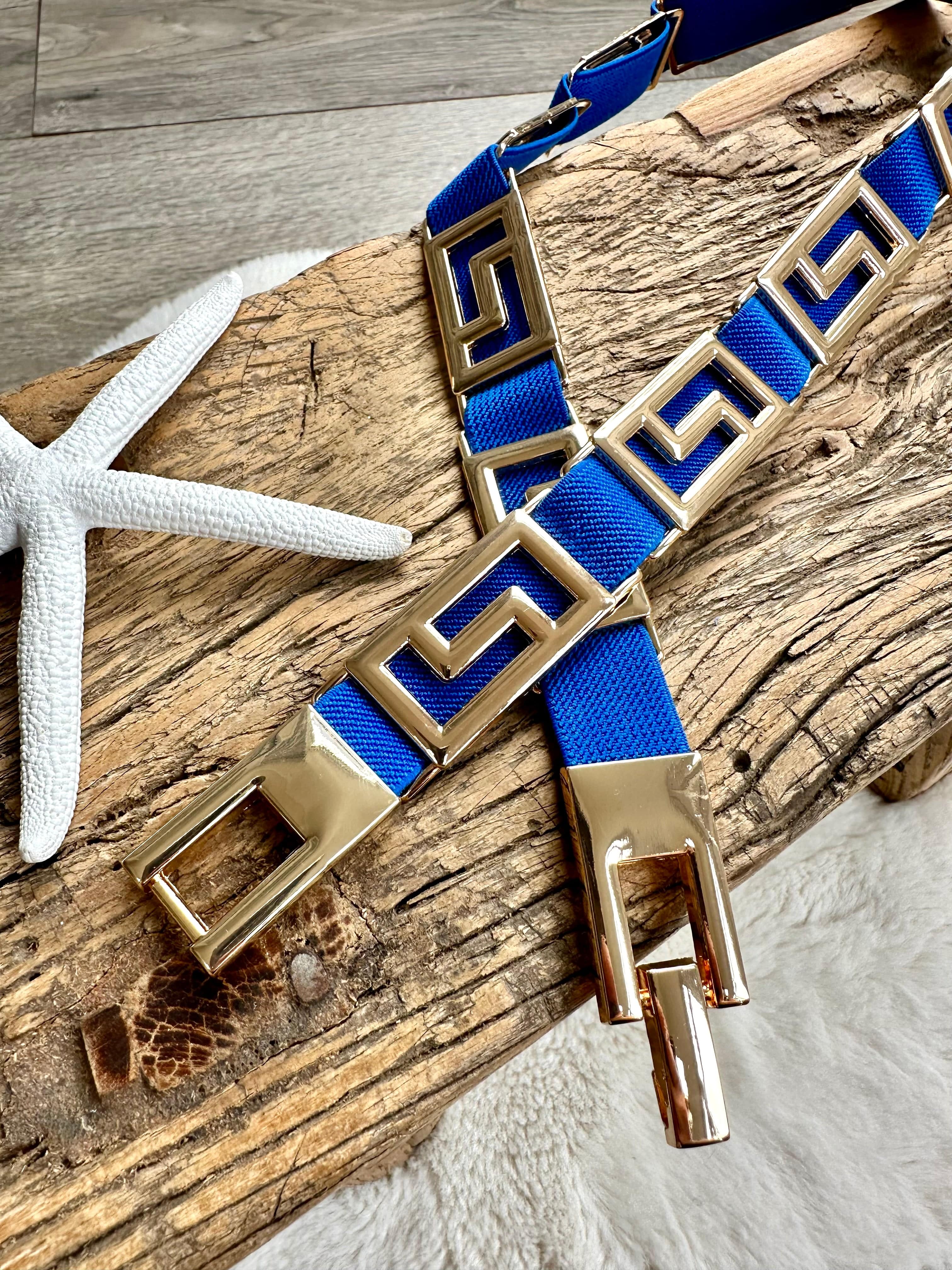 lusciousscarves Colbalt Blue Slim Super Stretchy Geo Design Belt , Gold Hardware .