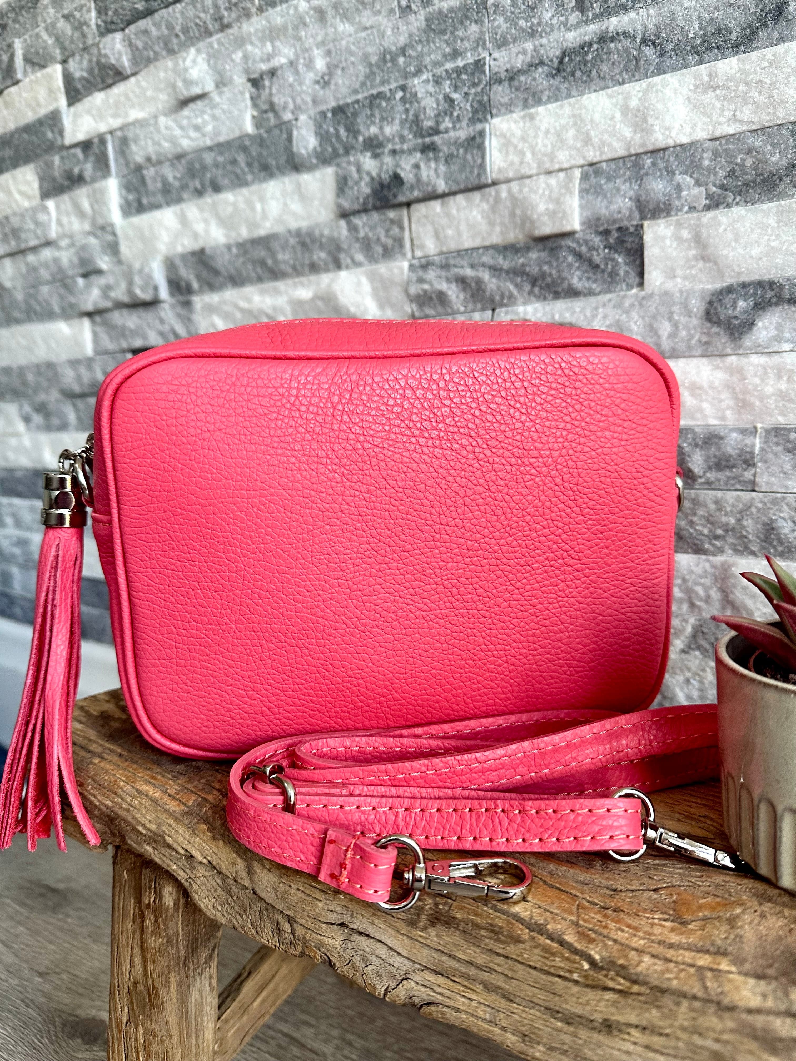 lusciousscarves Coral Italian leather camera bag and strap combo