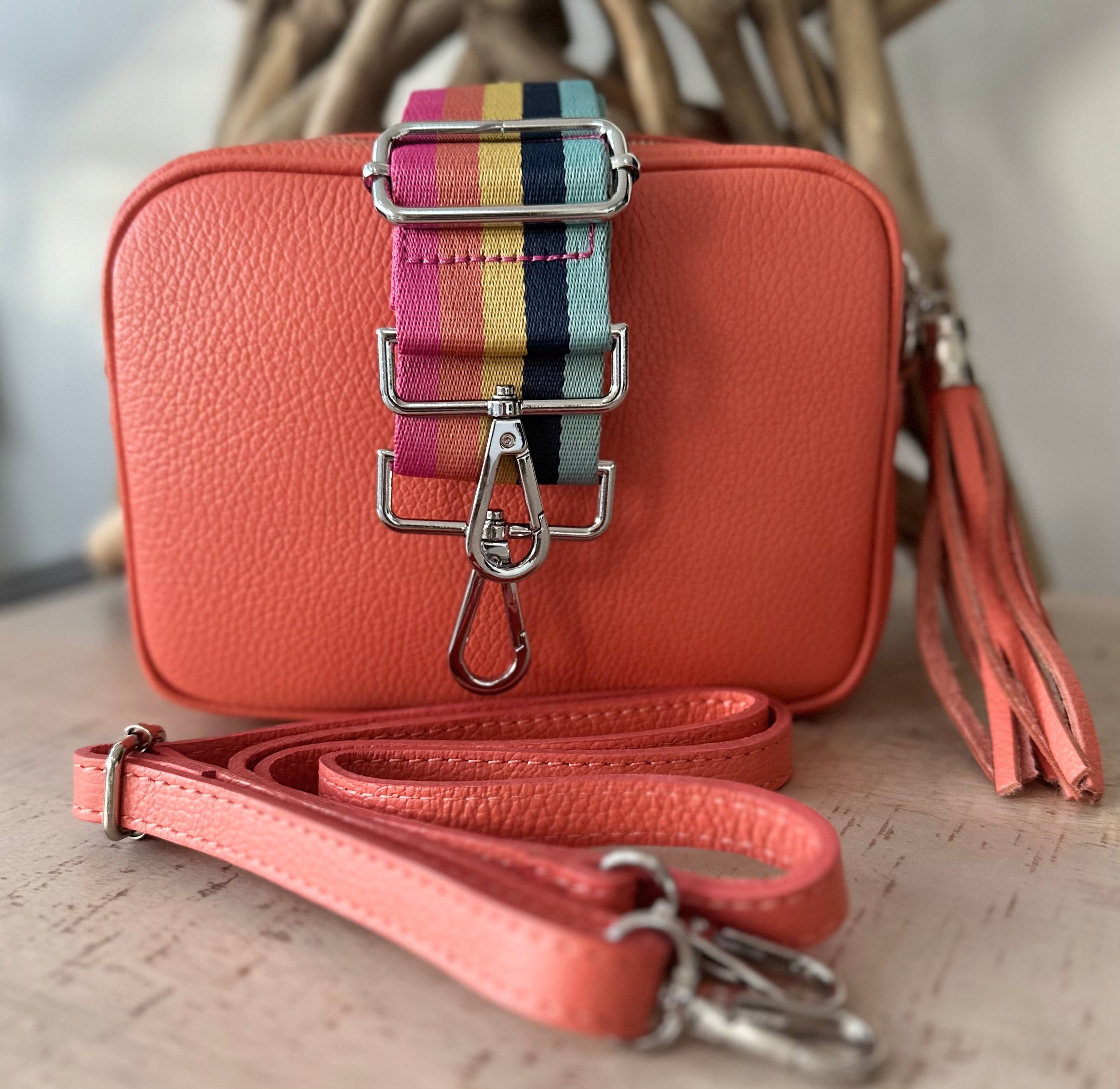 lusciousscarves Coral Leather Camera Bag and Strap Combo