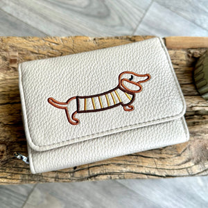 lusciousscarves Cream Embroidered Sausage Dog , Dachshund Wallet Zip Purse