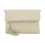 Load image into Gallery viewer, lusciousscarves Cream Italian Leather Fold Over Clutch Bag with Tassel.
