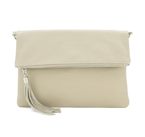 lusciousscarves Cream Italian Leather Fold Over Clutch Bag with Tassel.