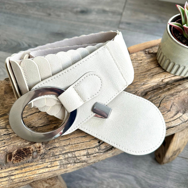 Ladies Faux Leather Stretchy Waist Belt with Chrome Loop and Hook. luscious scarves