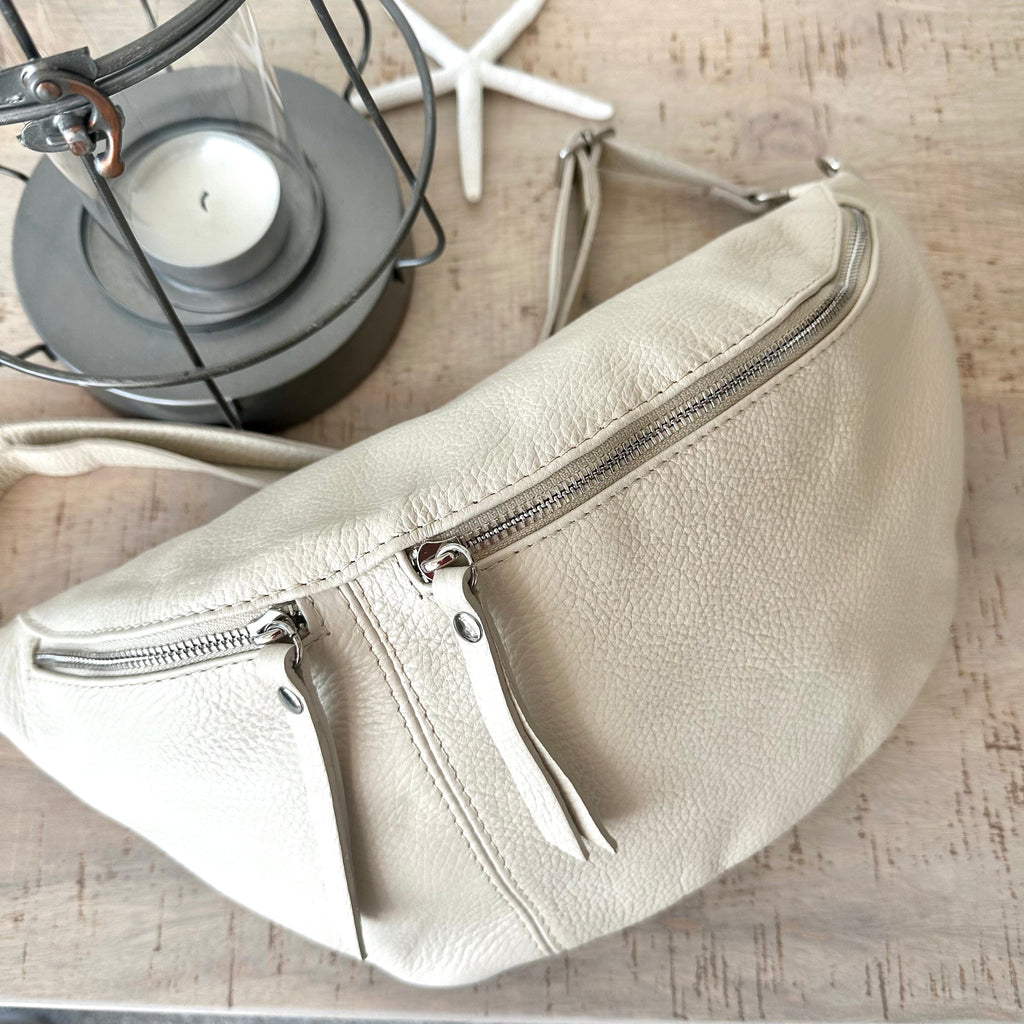 lusciousscarves Cream Large Italian Leather Sling Bag -Chest Bag