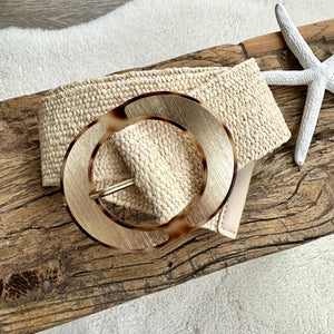 lusciousscarves Cream Stretchy Raffia/Straw Summer Belt with an Oval Buckle