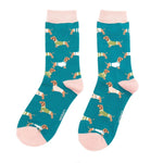 Load image into Gallery viewer, lusciousscarves Dachshunds in Jumpers Ladies Bamboo Socks, Miss Sparrow Teal
