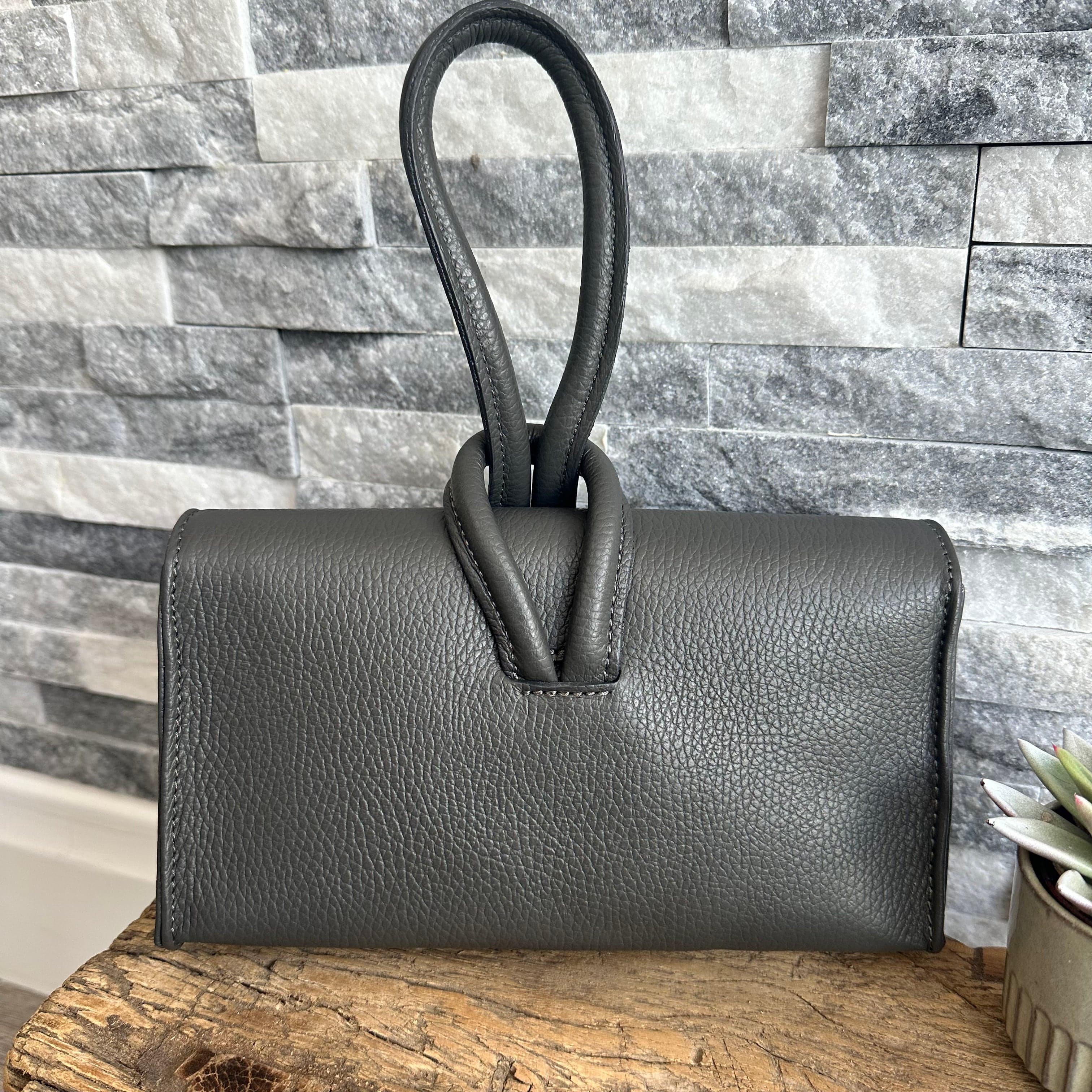 Dark Grey Italian Leather Clutch Bag lusciousscarves
