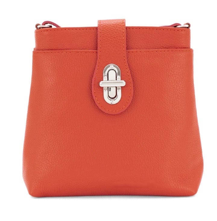 lusciousscarves Dark Orange Italian Leather Multi Compartment Crossbody Bag with Twist Lock.